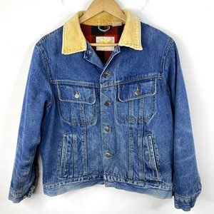 Vintage WINGARS Mens Size Medium Trucker Denim Jean Jacket Red Plaid Lining